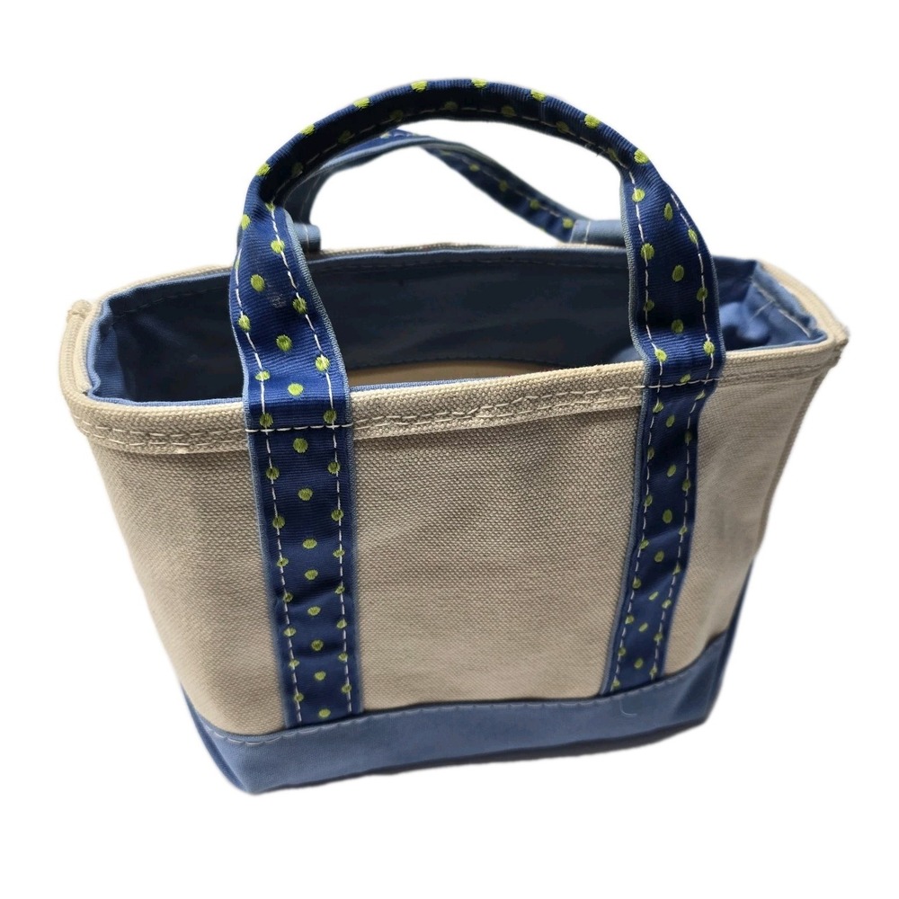 Vintage LL Bean Rare MINI Boat & Tote Cream Blue Polka Dots Made In USA Canvas